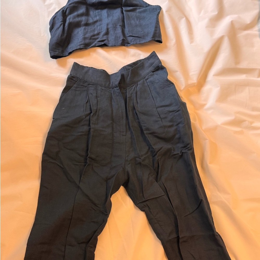 First Rite linen Blue Pants & crop Set - Picture 3 of 5